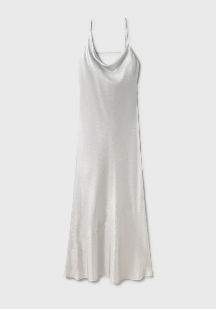 White satin slip dress on a white background