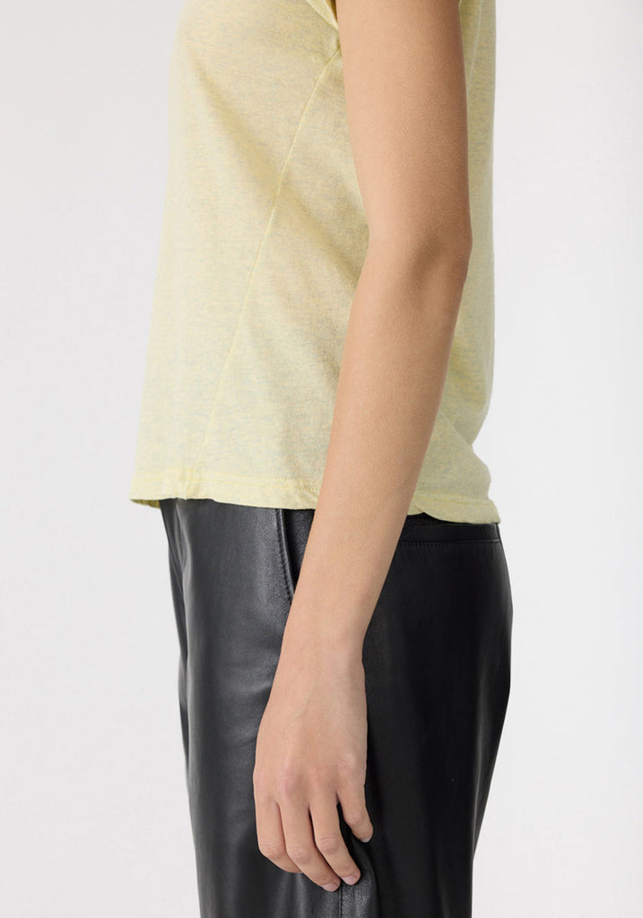 Bassike Baby T-Shirt in Yellow Marl/Navy, side view on model