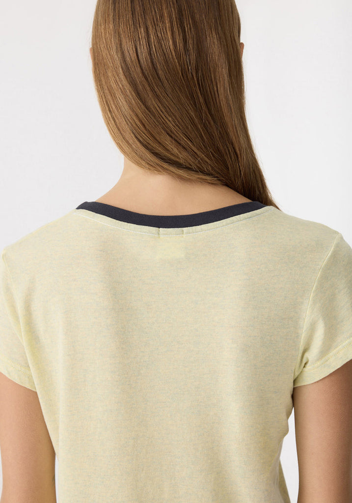 Bassike Baby T-Shirt in Yellow Marl/Navy, back detail of neckband and marl fabric