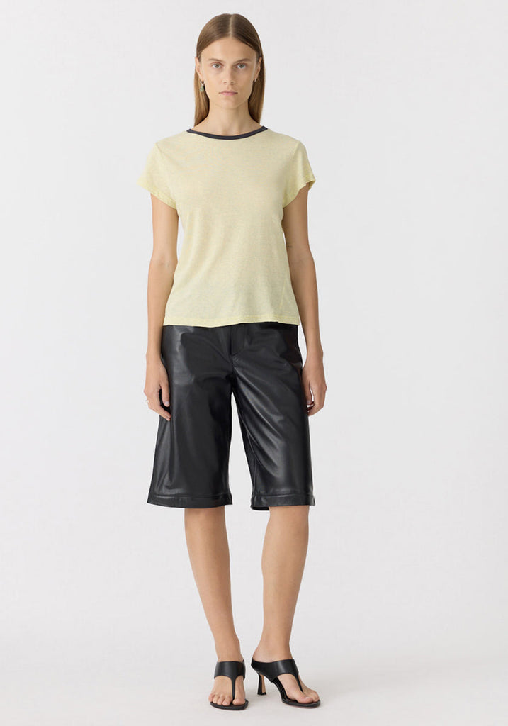 Bassike Baby T-Shirt in Yellow Marl/Navy worn on model with black shorts, front view