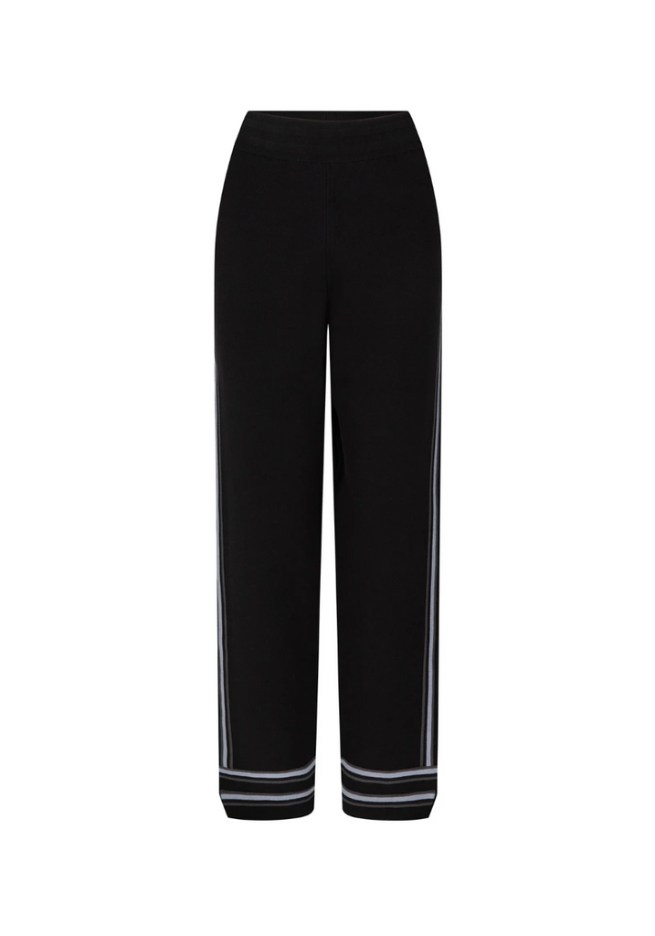 Black pants with striped cuffs on a white background