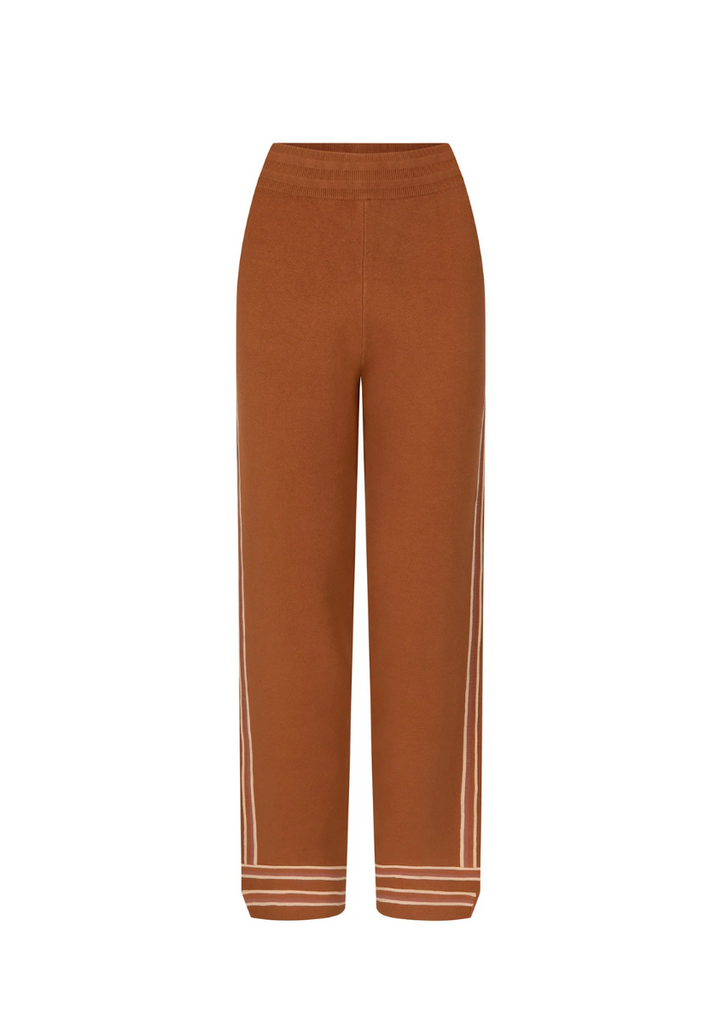 Brown pants with white trim on a white background