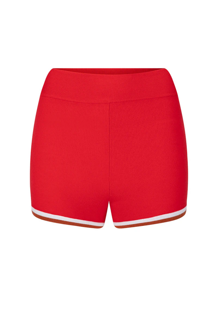 Red shorts with white trim on a white background