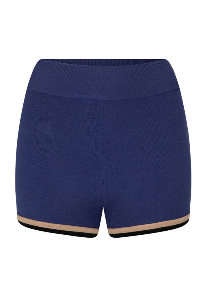 Blue shorts with beige trim on a white background