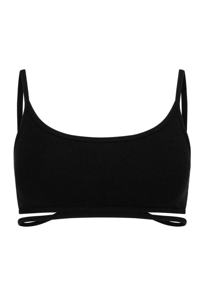 Black bikini top with thin straps on a white background