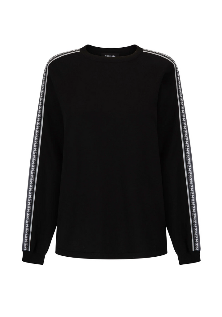 Black long-sleeve shirt with white side panels on a white background