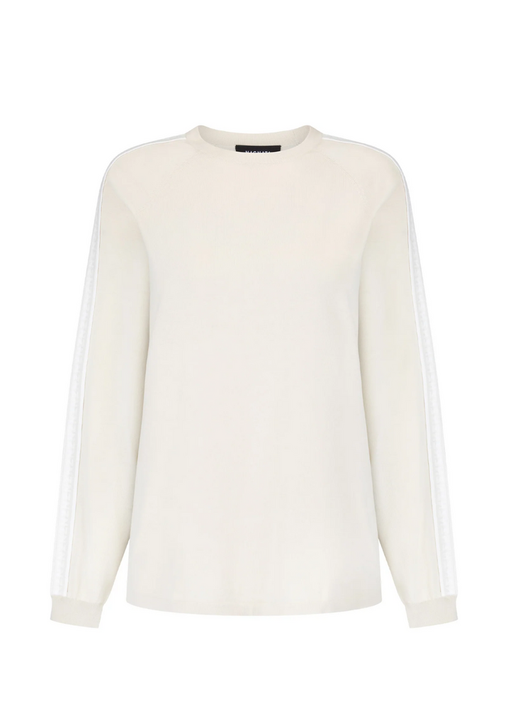 White sweater with sheer sleeves on a white background