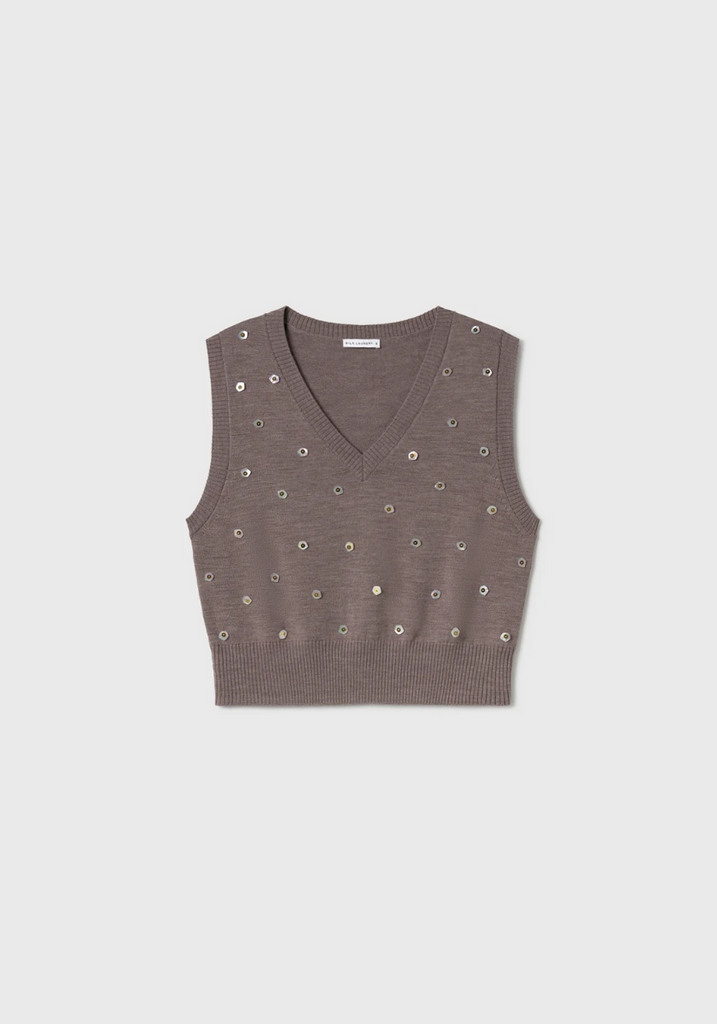 Brown sleeveless top with small embellishments on a light gray background
