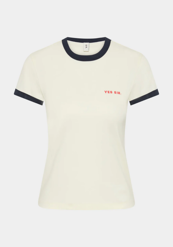 White t-shirt with black trim and red text on a white background